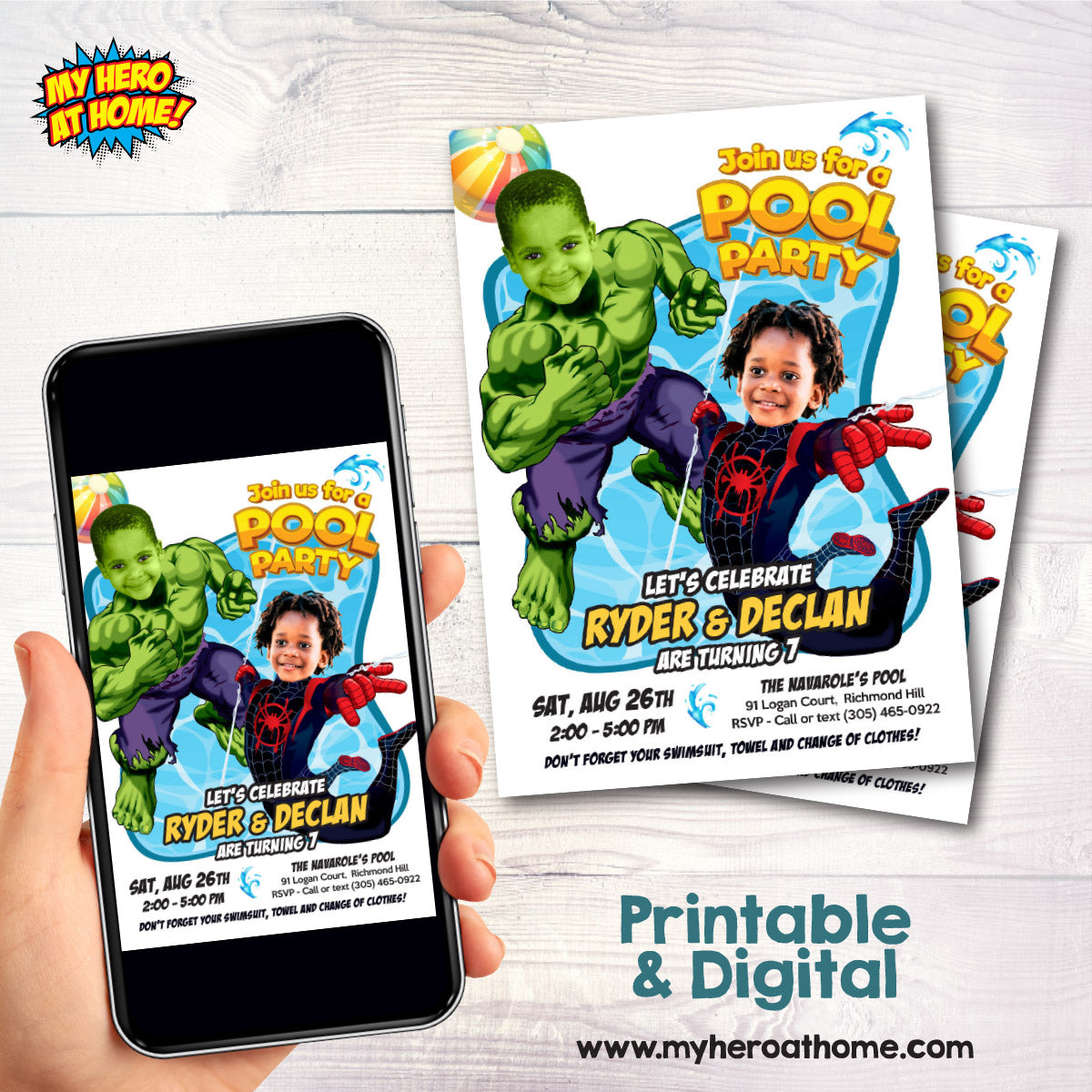 Two Kids Pool Party Invitation with kids as Miles Morales and Hulk. 2477
