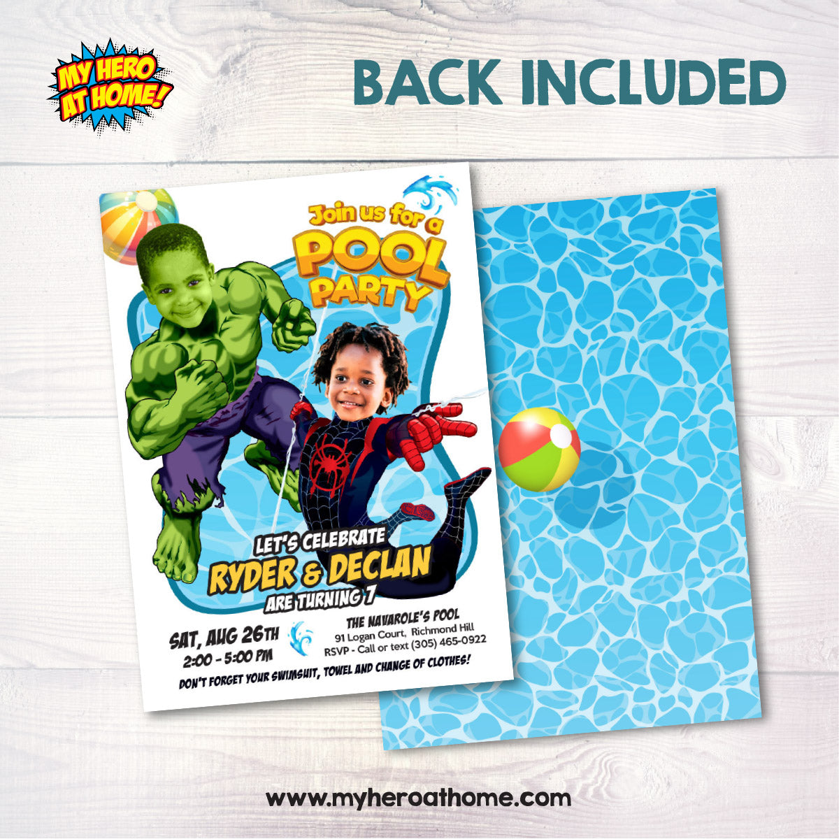 Two Kids Pool Party Invitation with kids as Miles Morales and Hulk. 2477