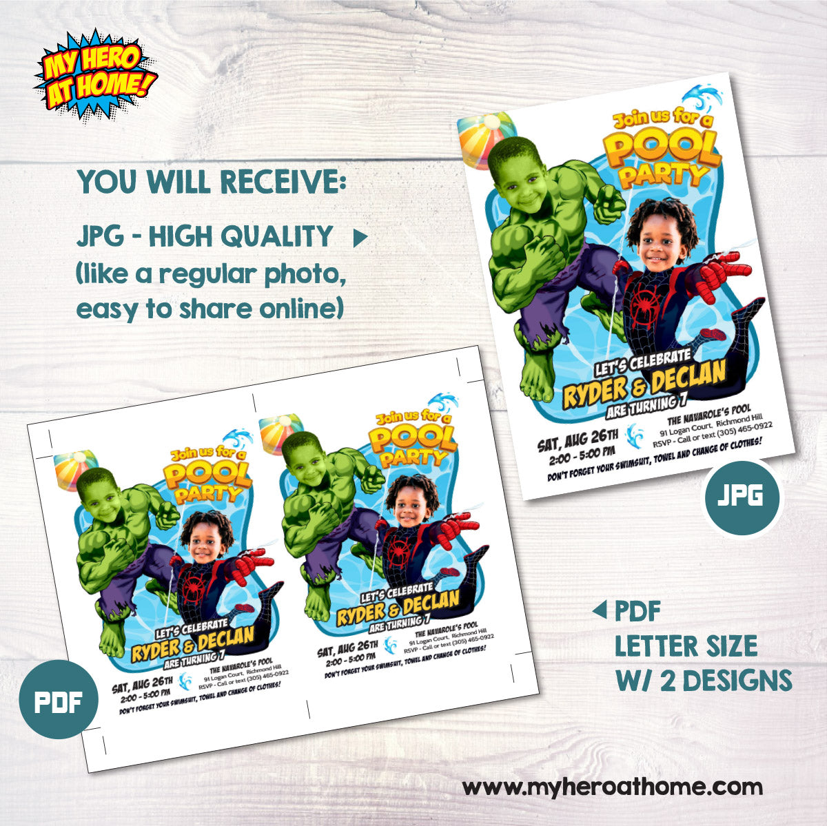 Two Kids Pool Party Invitation with kids as Miles Morales and Hulk. 2477