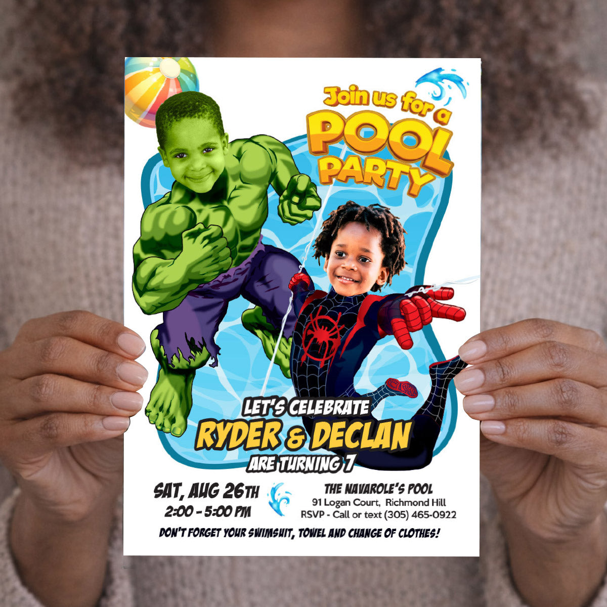 Two Kids Pool Party Invitation with kids as Miles Morales and Hulk. 2477