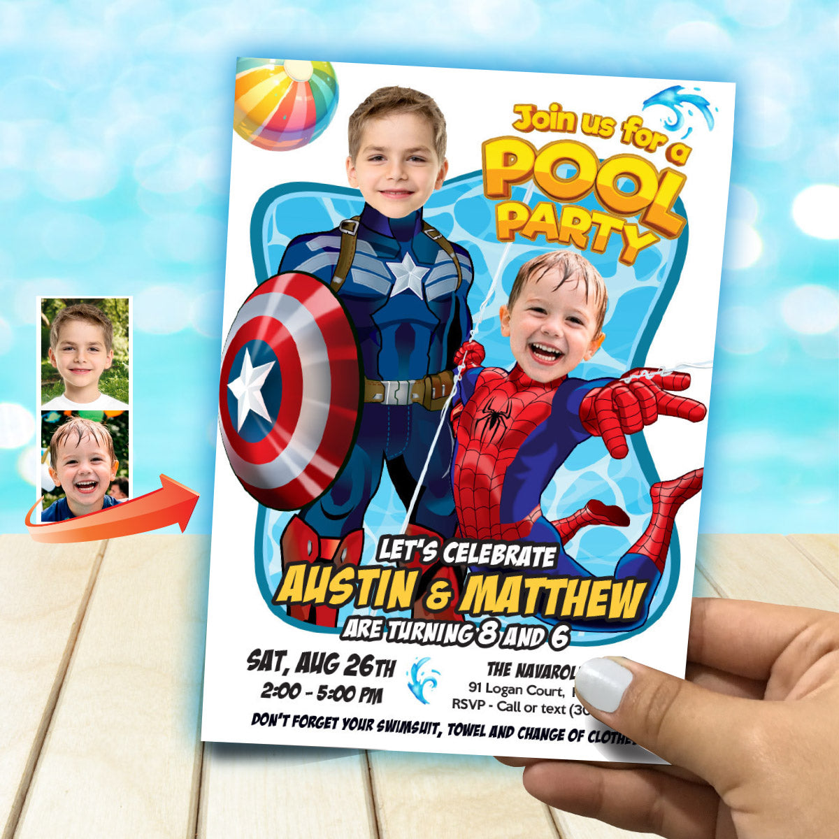 Two Boys Pool Splash Party Invitation with kids as Captain America and Spiderman. 2478