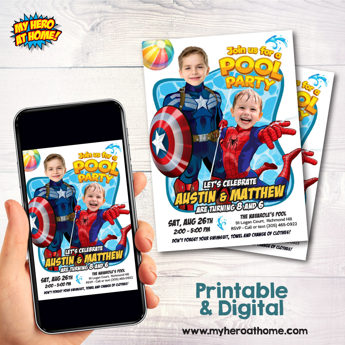 Two Boys Pool Splash Party Invitation with kids as Captain America and Spiderman. 2478