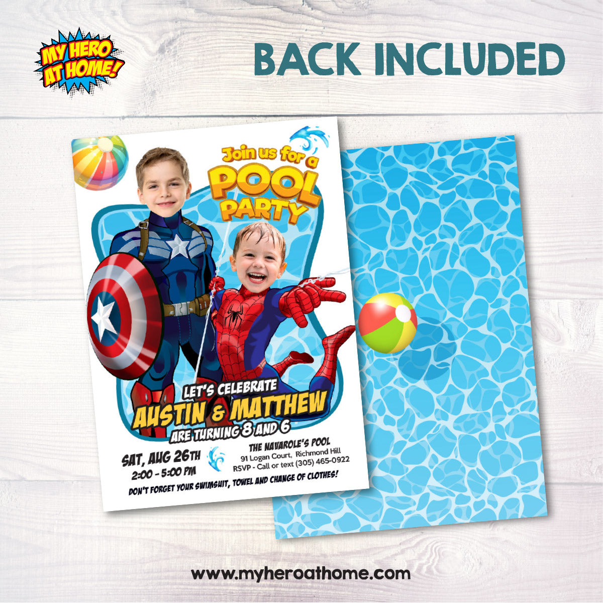 Two Boys Pool Splash Party Invitation with kids as Captain America and Spiderman. 2478