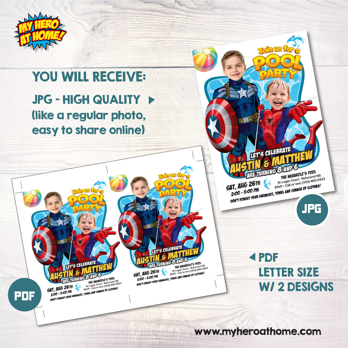 Two Boys Pool Splash Party Invitation with kids as Captain America and Spiderman. 2478