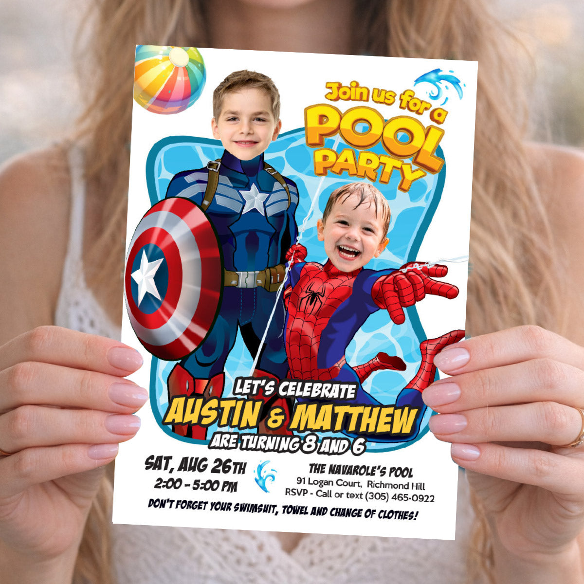 Two Boys Pool Splash Party Invitation with kids as Captain America and Spiderman. 2478