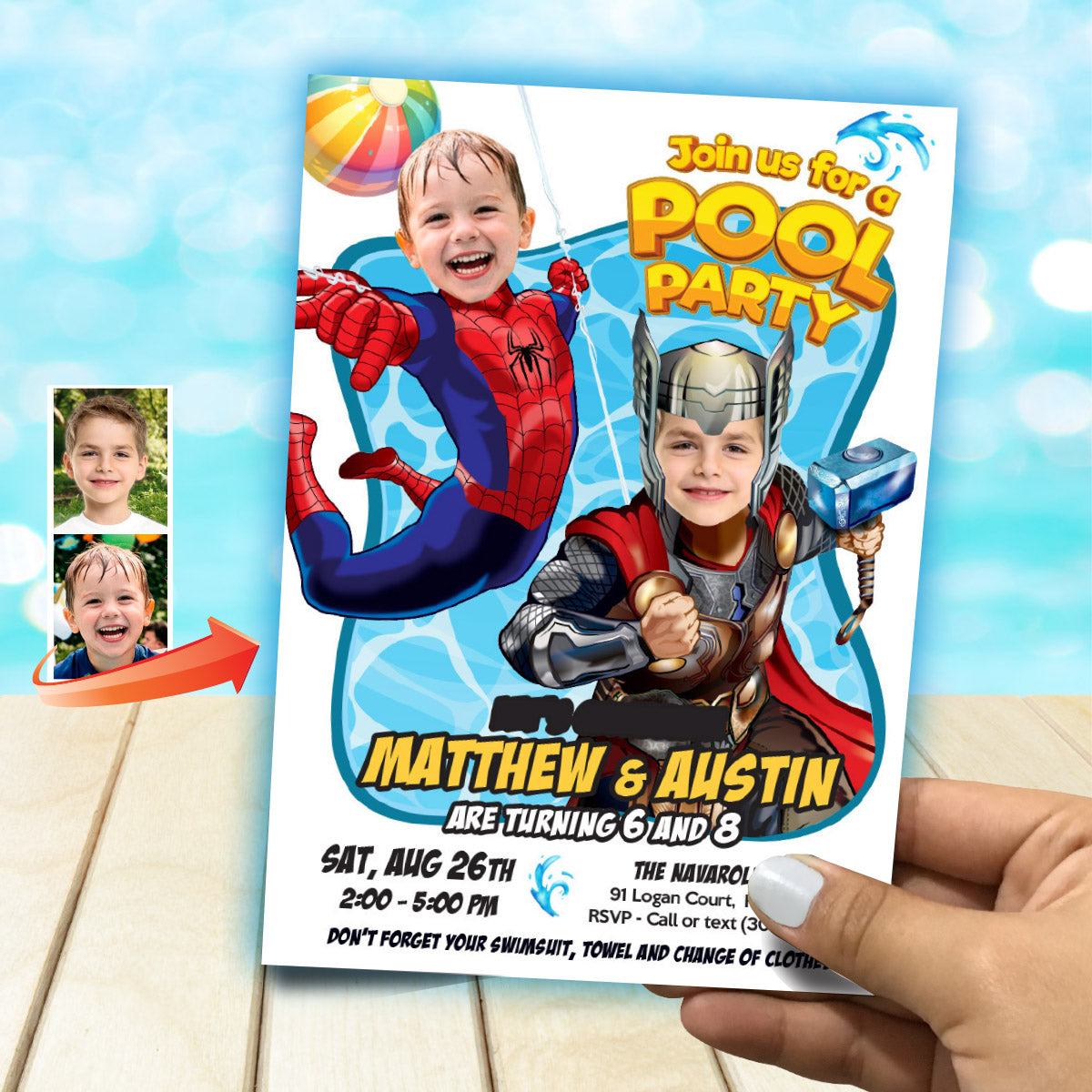 Siblings Pool Splash Party Invitation with Two Boys as Thor and Spiderman. 2479