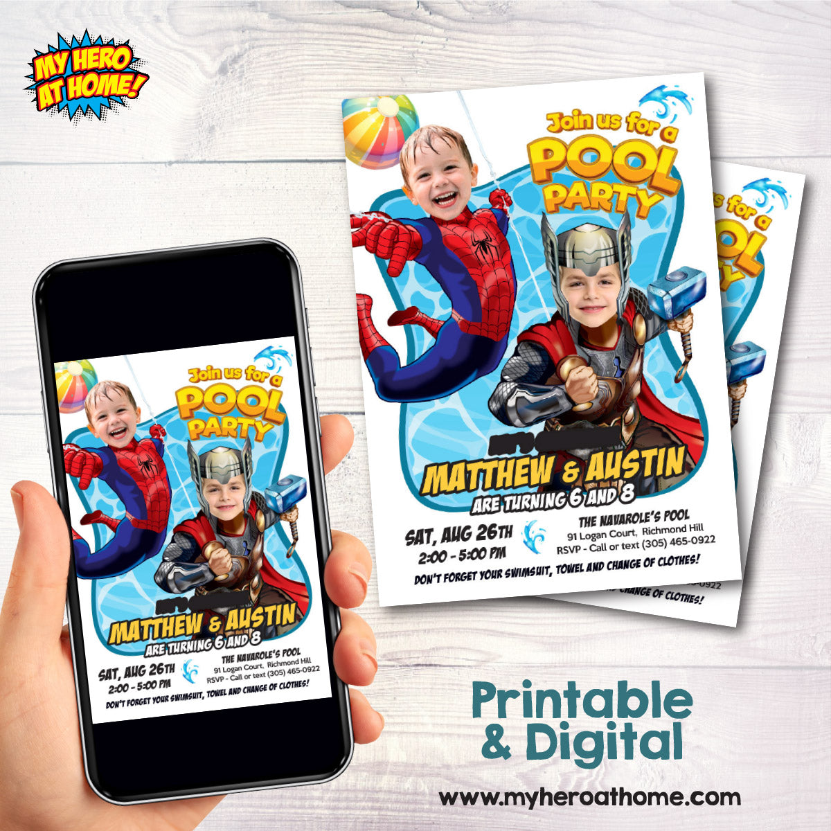 Siblings Pool Splash Party Invitation with Two Boys as Thor and Spiderman. 2479