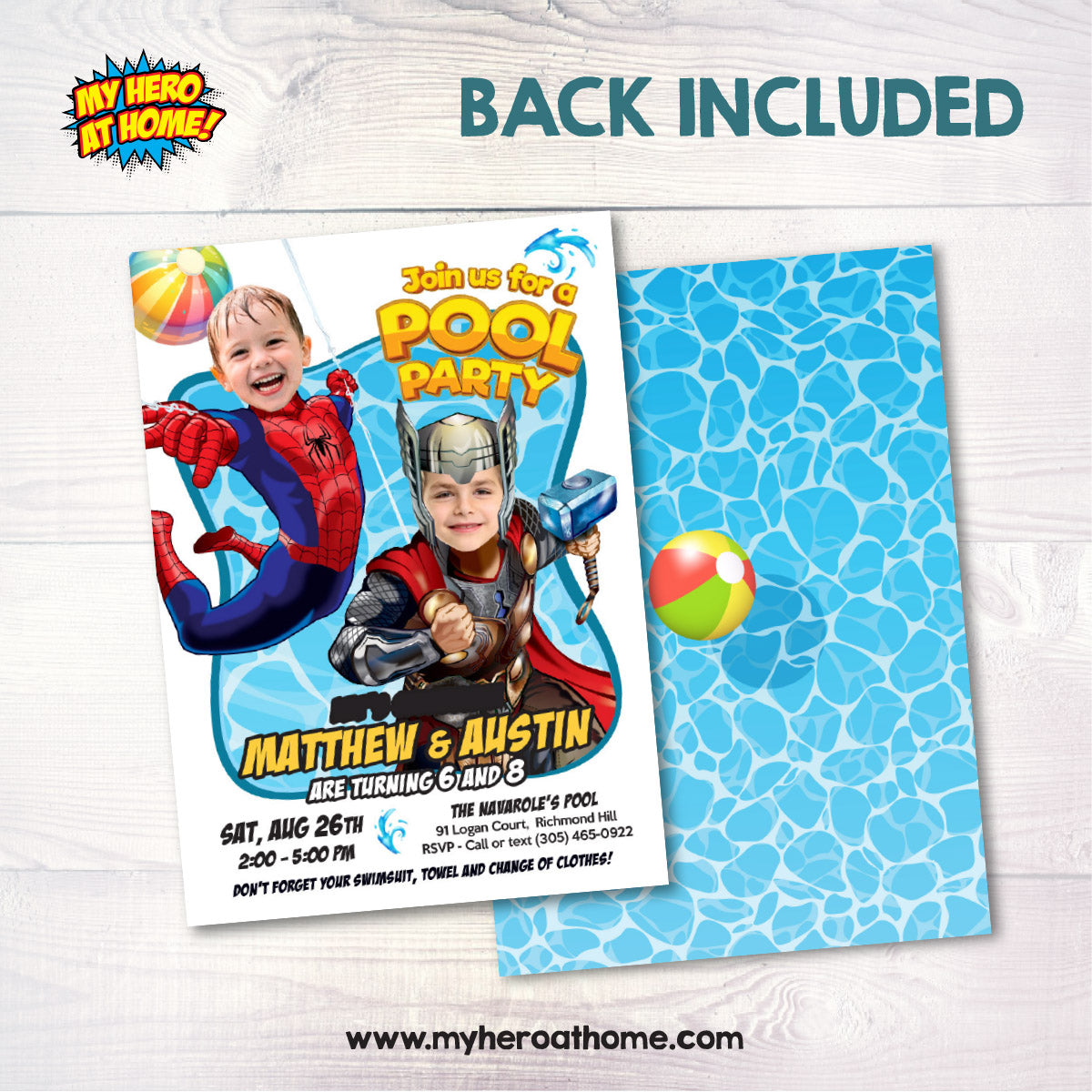 Siblings Pool Splash Party Invitation with Two Boys as Thor and Spiderman. 2479