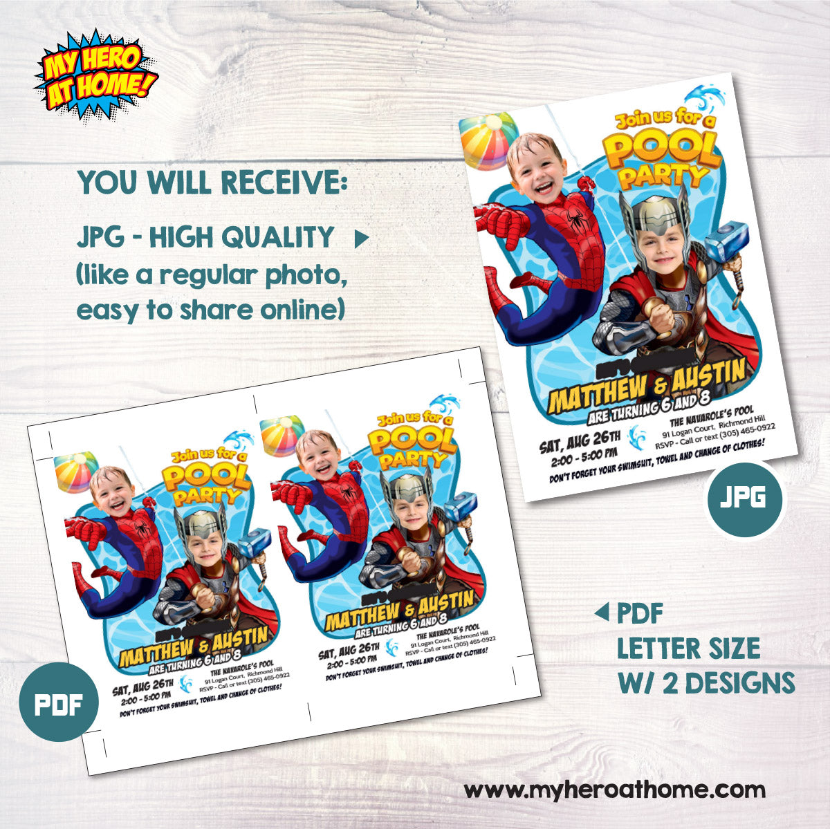 Siblings Pool Splash Party Invitation with Two Boys as Thor and Spiderman. 2479
