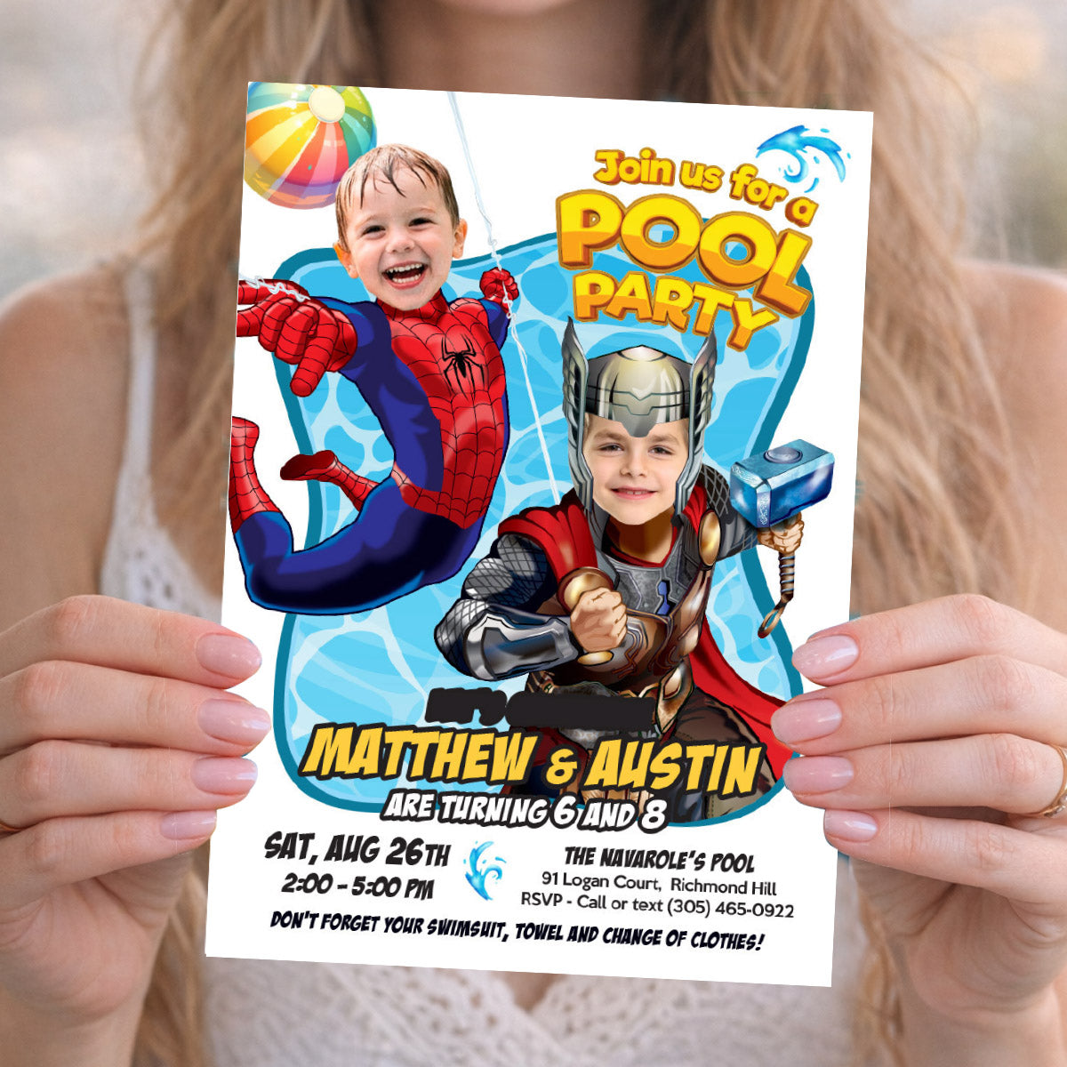 Siblings Pool Splash Party Invitation with Two Boys as Thor and Spiderman. 2479
