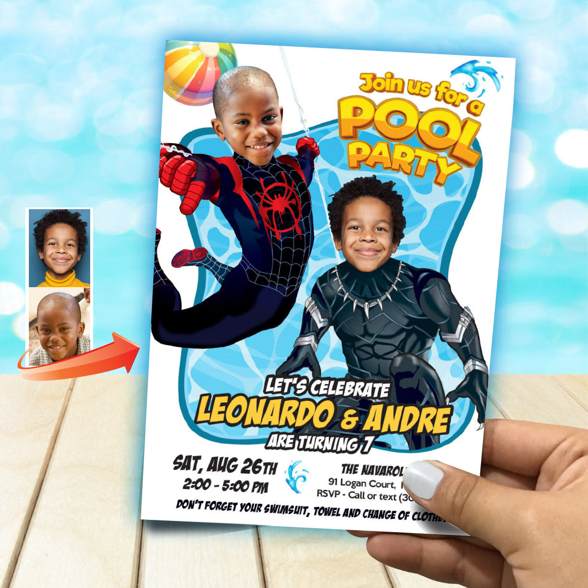 Pool Splash Birthday Party Invitation with Two Boys as Black Panther and Miles Morales. 2480B