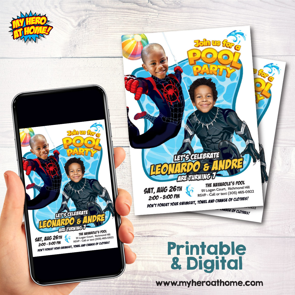 Pool Splash Birthday Party Invitation with Two Boys as Black Panther and Miles Morales. 2480B