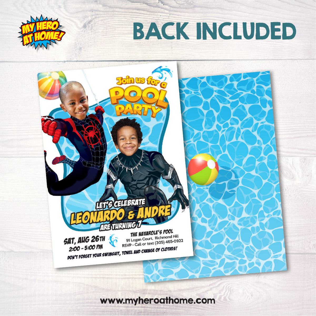 Pool Splash Birthday Party Invitation with Two Boys as Black Panther and Miles Morales. 2480B