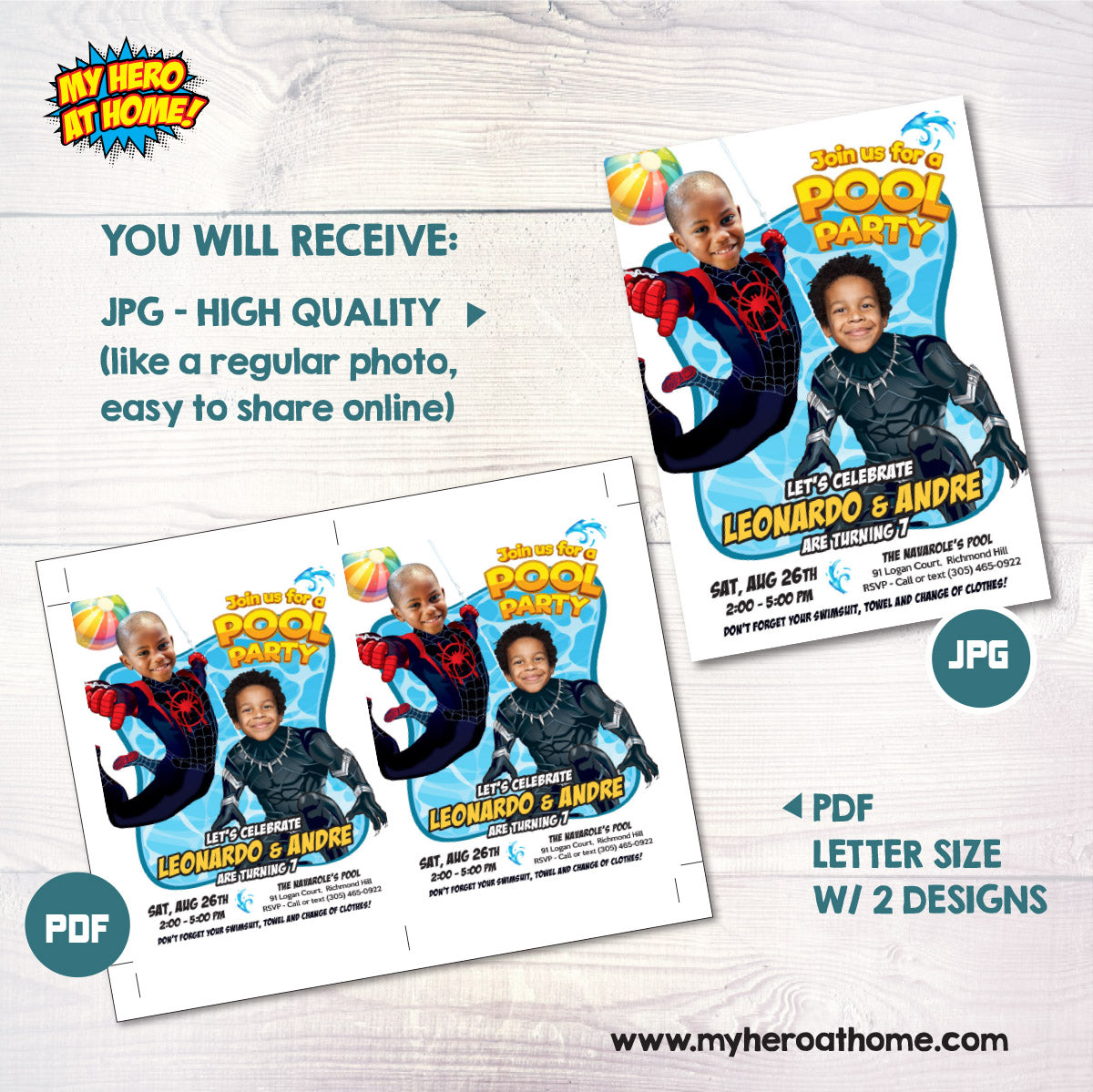 Pool Splash Birthday Party Invitation with Two Boys as Black Panther and Miles Morales. 2480B
