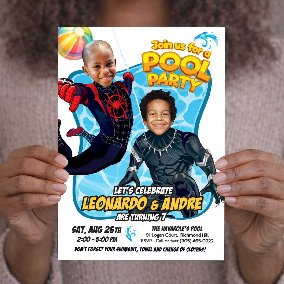 Pool Splash Birthday Party Invitation with Two Boys as Black Panther and Miles Morales. 2480B