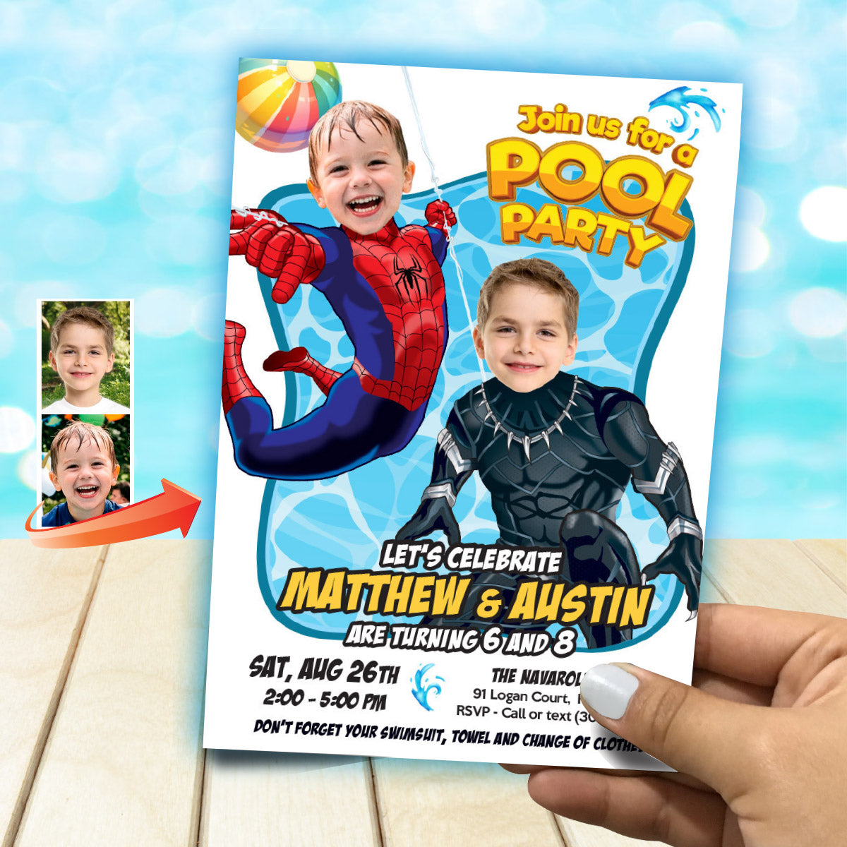 Pool Splash Birthday Party Invitation with Two Boys as Black Panther and Spiderman. 2480