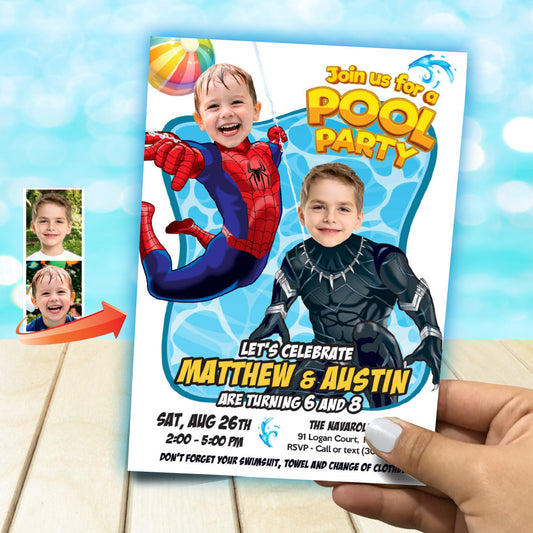 Pool Splash Birthday Party Invitation with Two Boys as Black Panther and Spiderman. 2480
