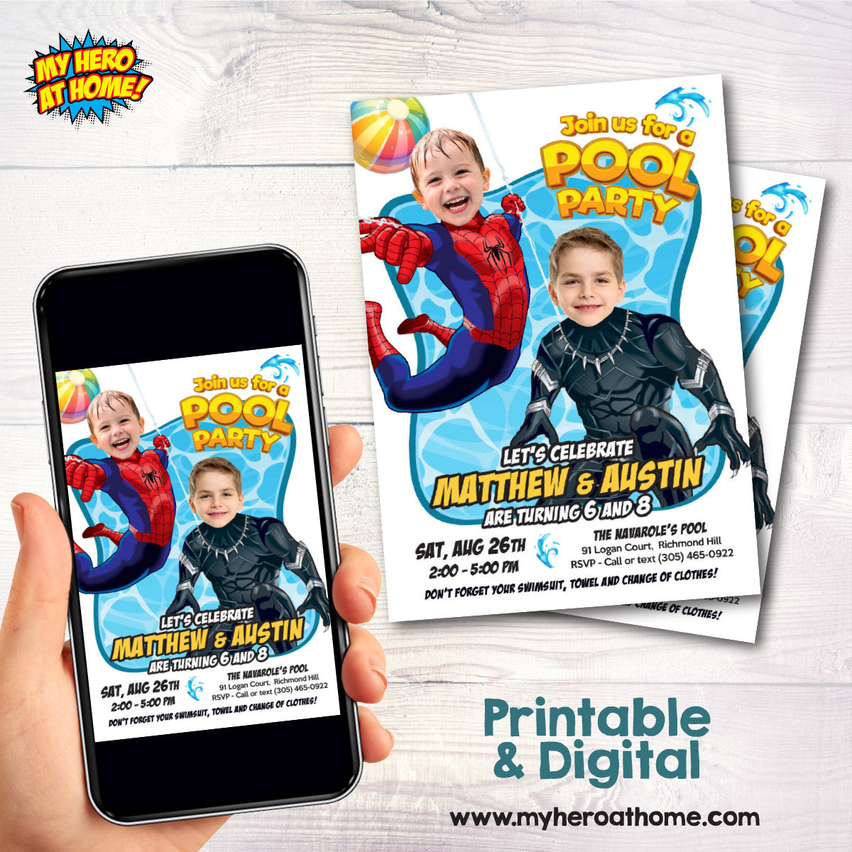 Pool Splash Birthday Party Invitation with Two Boys as Black Panther and Spiderman. 2480