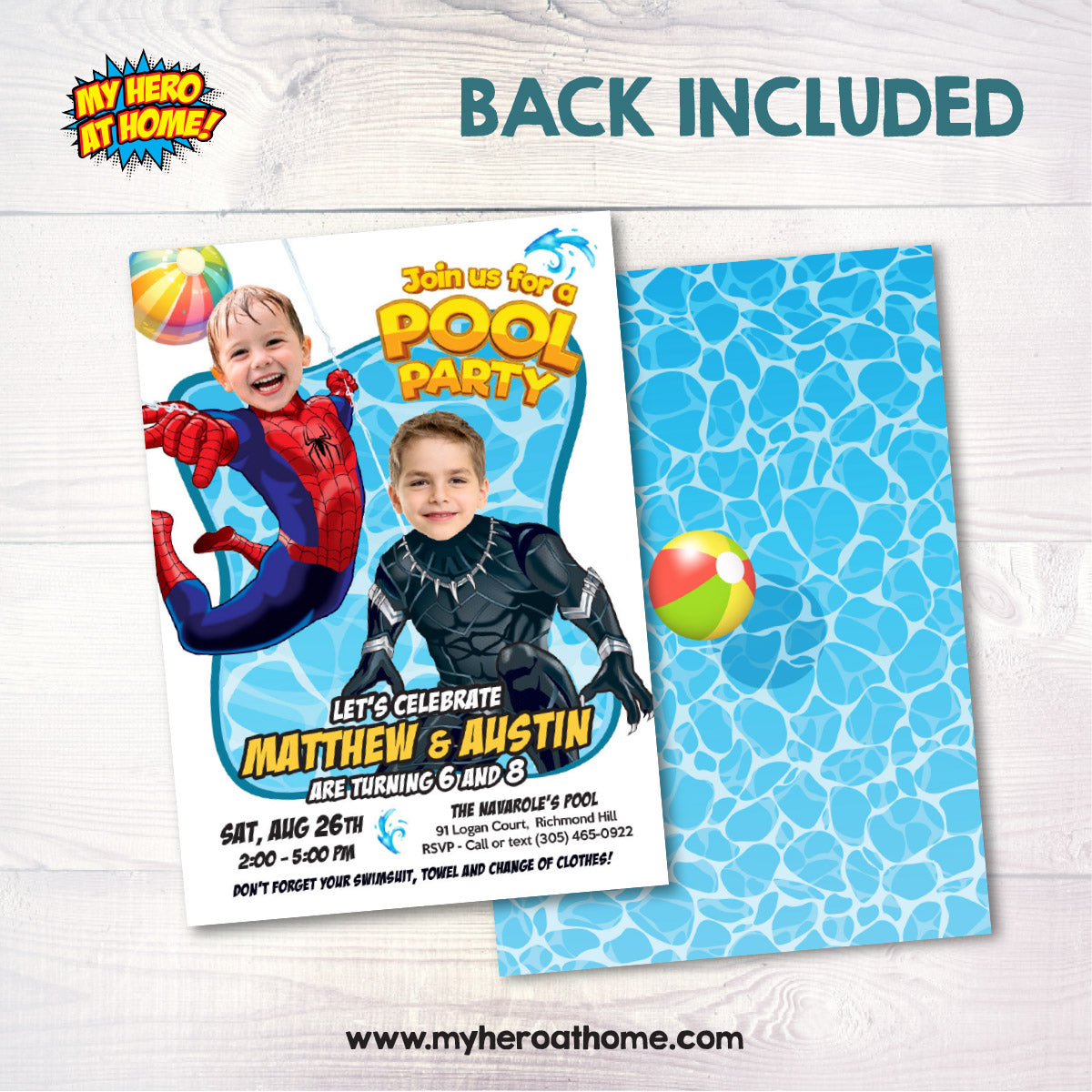 Pool Splash Birthday Party Invitation with Two Boys as Black Panther and Spiderman. 2480