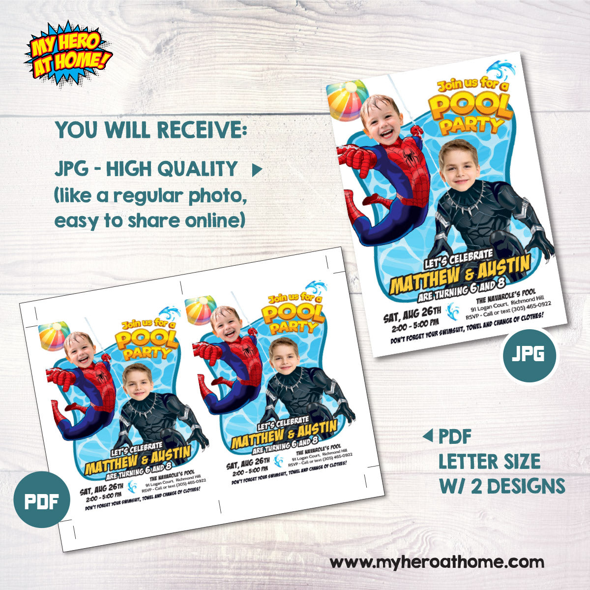 Pool Splash Birthday Party Invitation with Two Boys as Black Panther and Spiderman. 2480