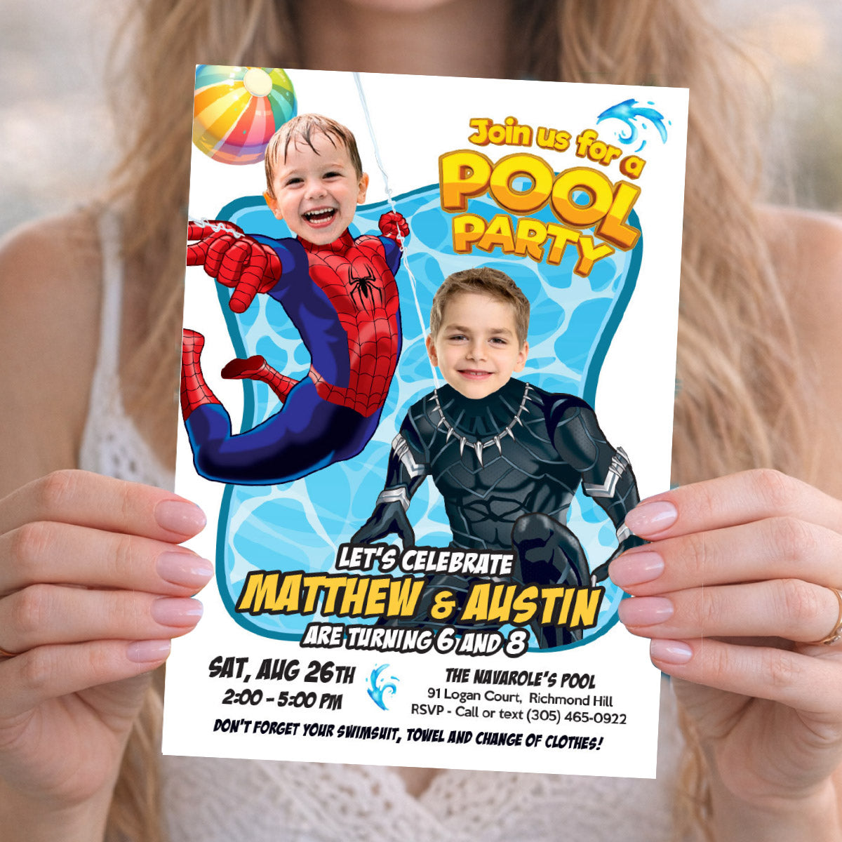 Pool Splash Birthday Party Invitation with Two Boys as Black Panther and Spiderman. 2480