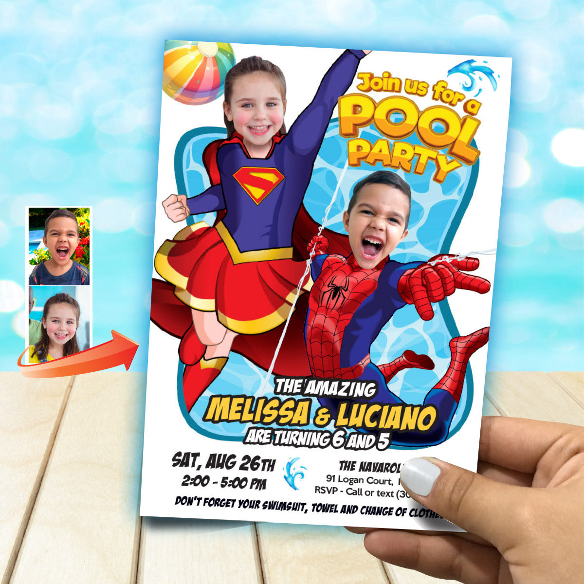Joint Pool Splash Party Invitation with Girl and Boy as Supergirl and Spiderman. 2481