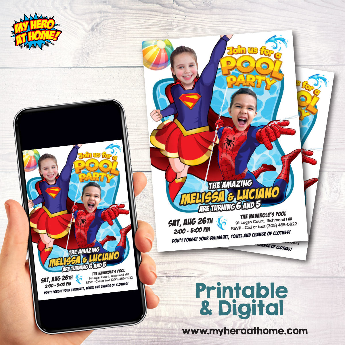Joint Pool Splash Party Invitation with Girl and Boy as Supergirl and Spiderman. 2481