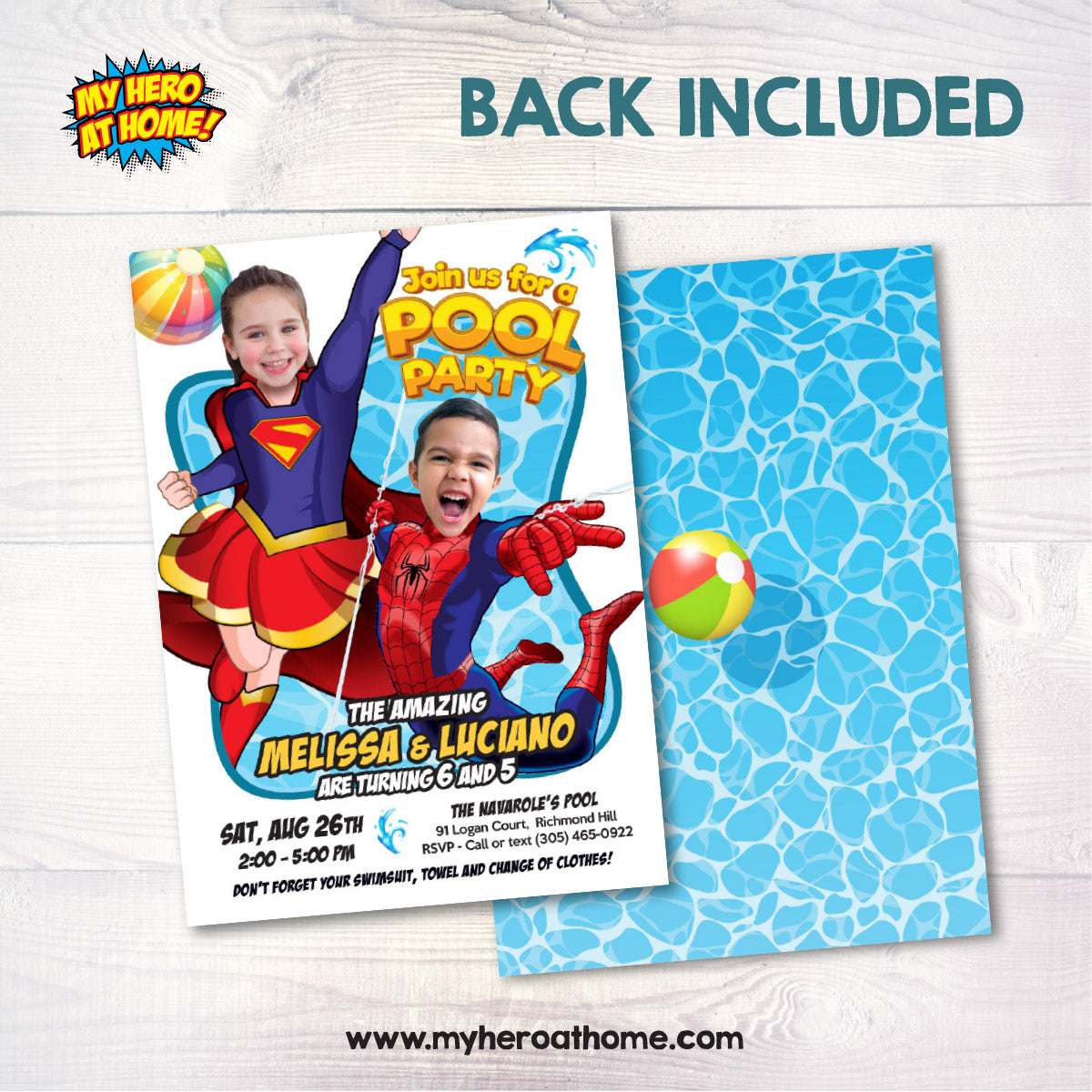 Joint Pool Splash Party Invitation with Girl and Boy as Supergirl and Spiderman. 2481