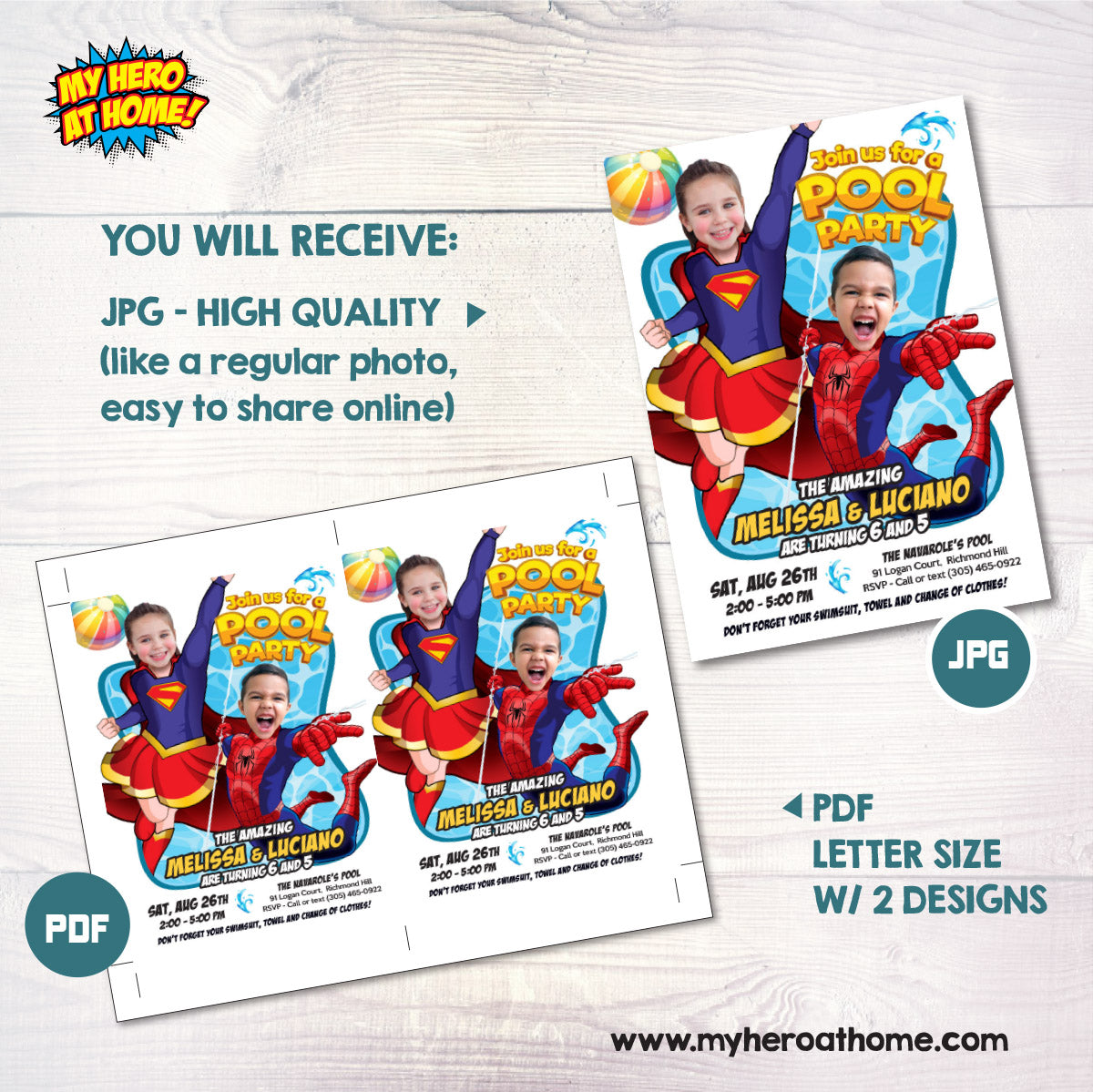 Joint Pool Splash Party Invitation with Girl and Boy as Supergirl and Spiderman. 2481