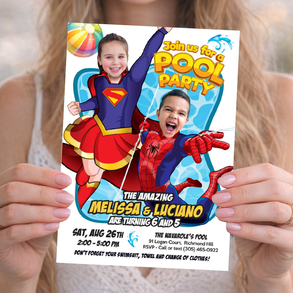 Joint Pool Splash Party Invitation with Girl and Boy as Supergirl and Spiderman. 2481