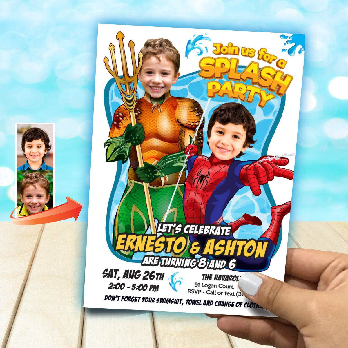Pool Splash Birthday Party Invitation with Two Boys as Aquaman and Spiderman. 2483
