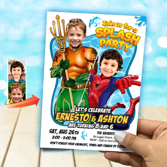 Pool Splash Birthday Party Invitation with Two Boys as Aquaman and Spiderman. 2483