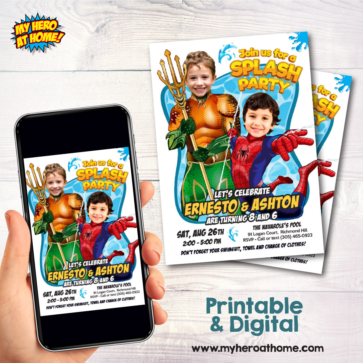 Pool Splash Birthday Party Invitation with Two Boys as Aquaman and Spiderman. 2483