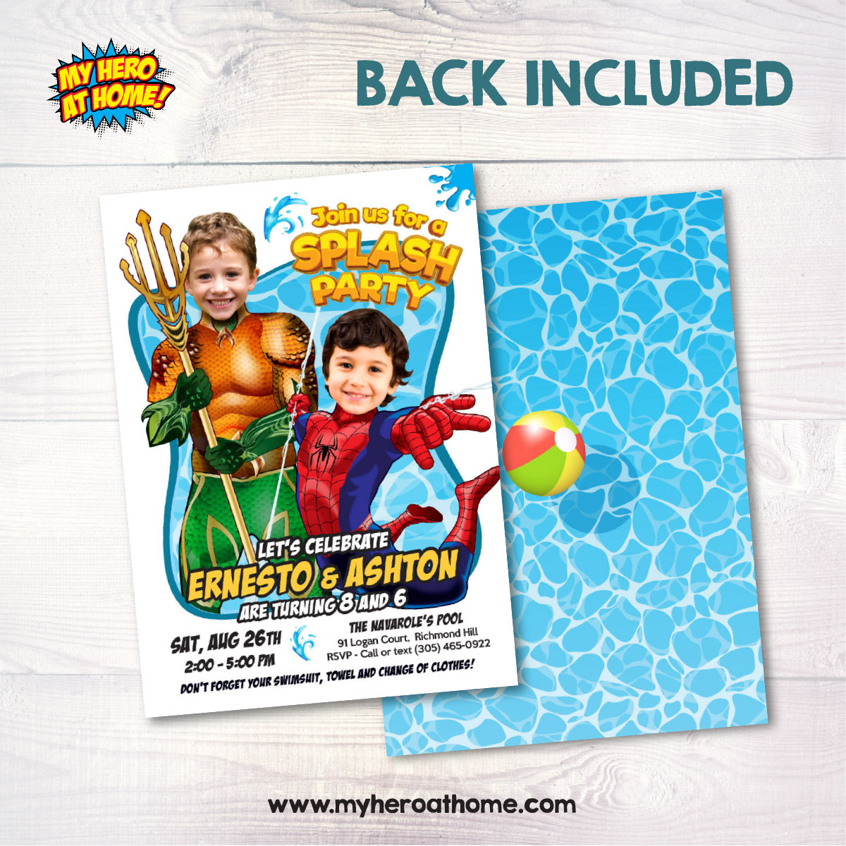 Pool Splash Birthday Party Invitation with Two Boys as Aquaman and Spiderman. 2483