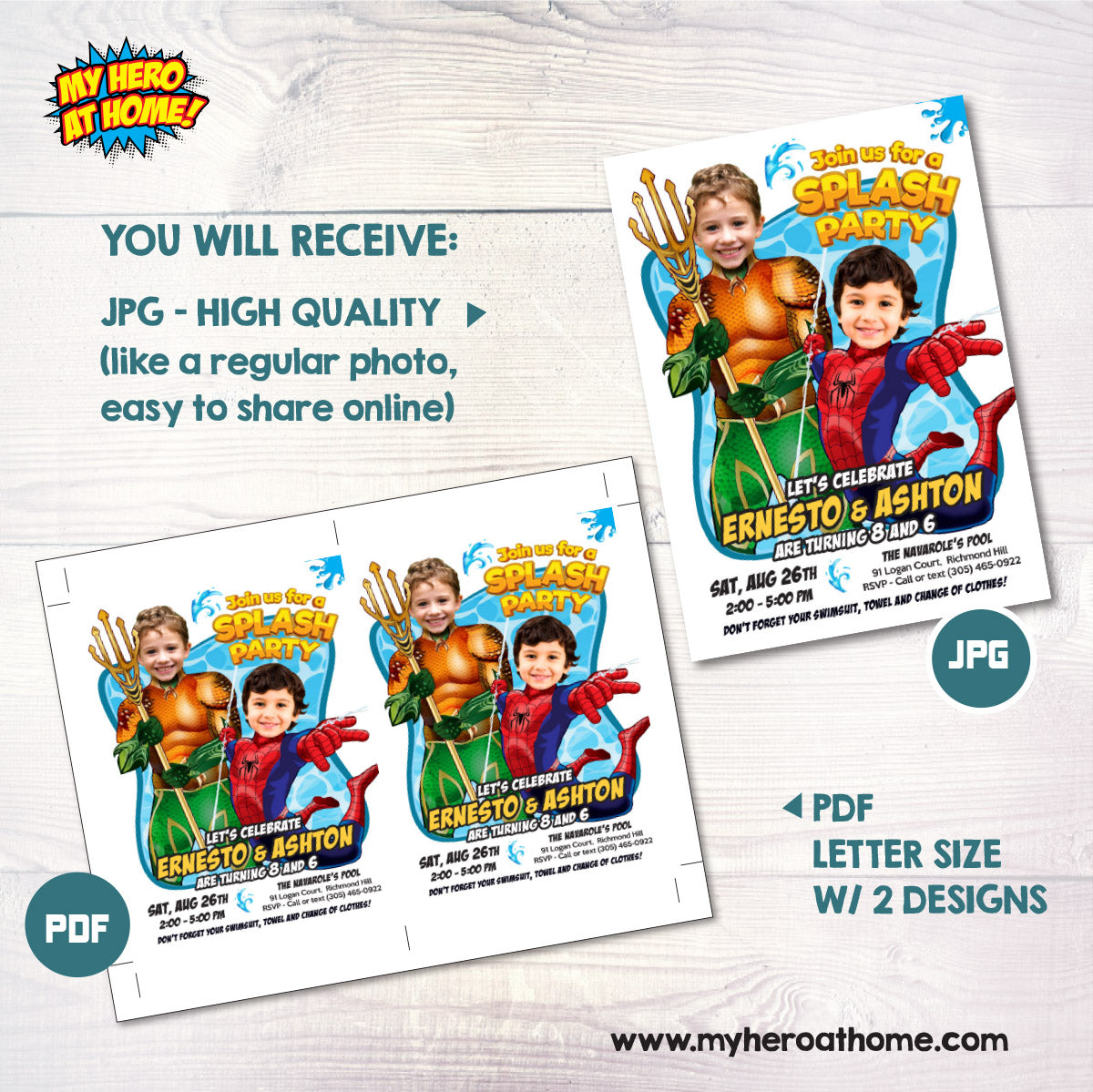 Pool Splash Birthday Party Invitation with Two Boys as Aquaman and Spiderman. 2483
