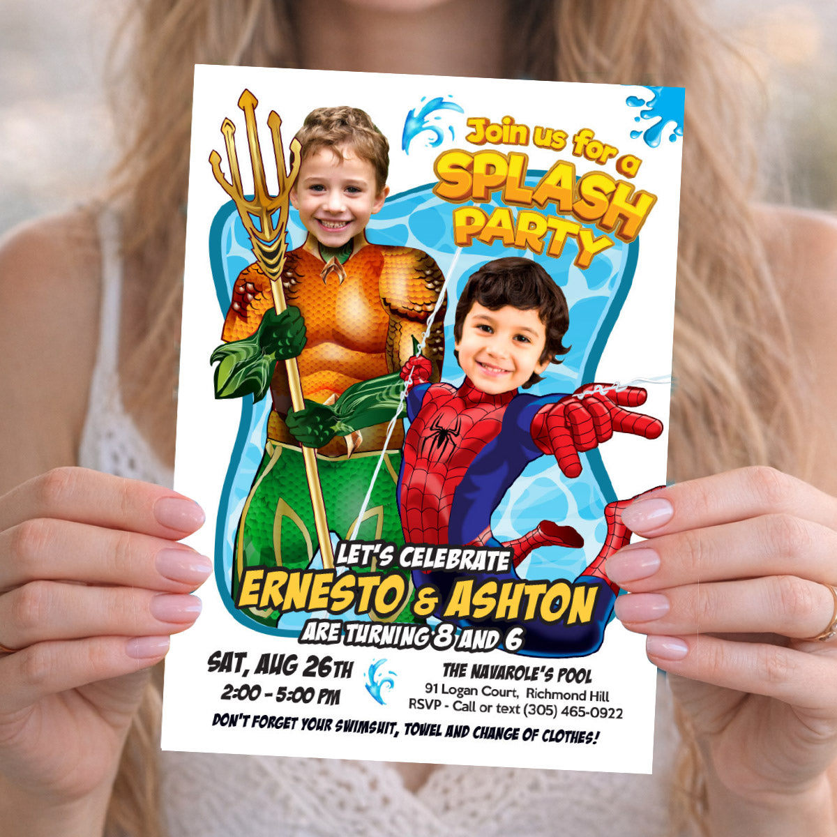 Pool Splash Birthday Party Invitation with Two Boys as Aquaman and Spiderman. 2483