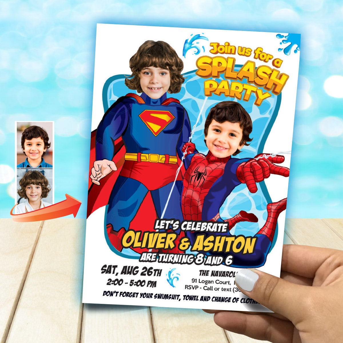 Pool Splash Birthday Party Invitation with Two kids as Superman and Spiderman. 2484