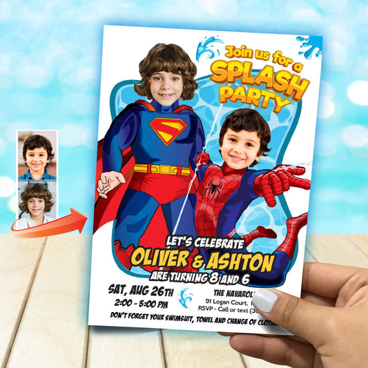 Pool Splash Birthday Party Invitation with Two kids as Superman and Spiderman. 2484