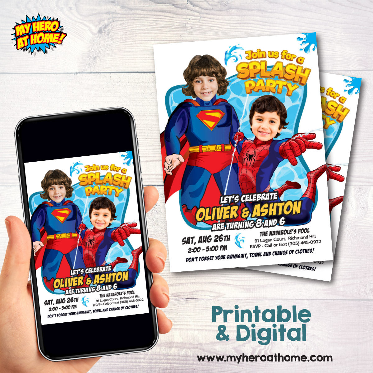 Pool Splash Birthday Party Invitation with Two kids as Superman and Spiderman. 2484