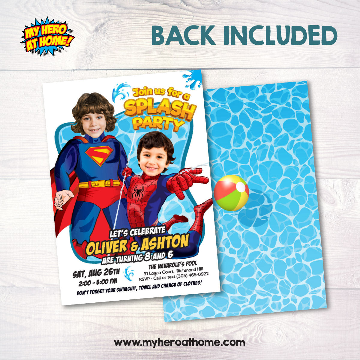 Pool Splash Birthday Party Invitation with Two kids as Superman and Spiderman. 2484