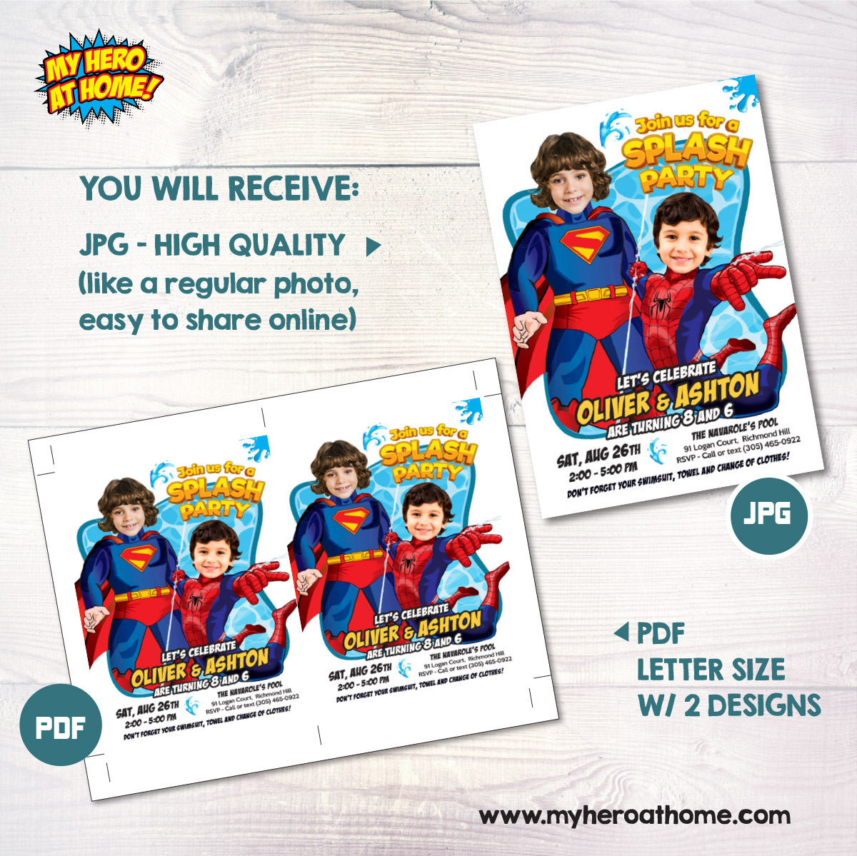 Pool Splash Birthday Party Invitation with Two kids as Superman and Spiderman. 2484
