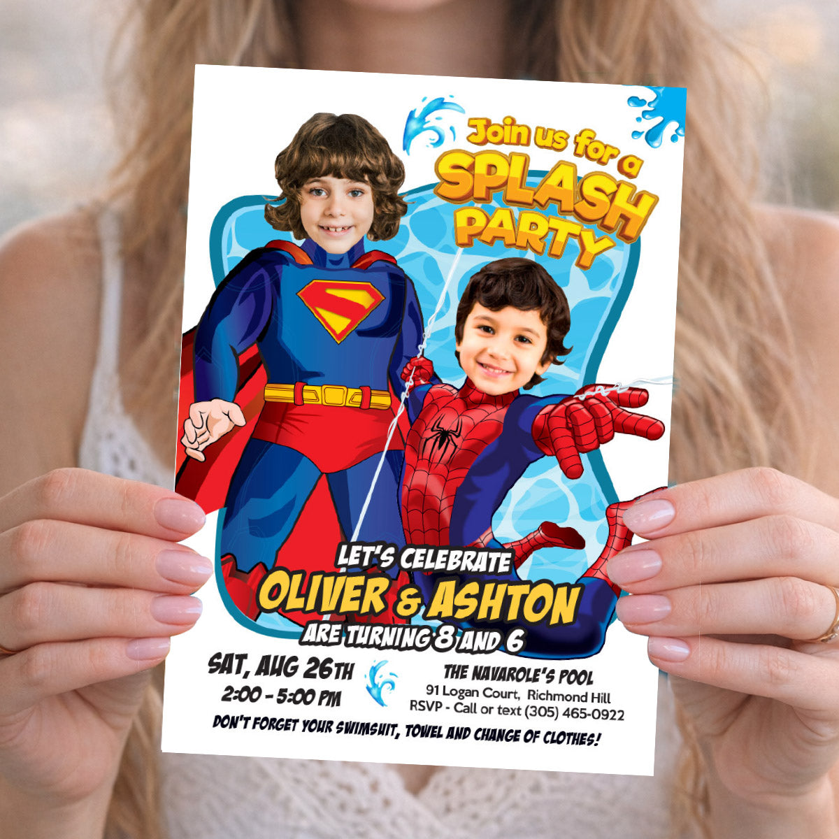 Pool Splash Birthday Party Invitation with Two kids as Superman and Spiderman. 2484