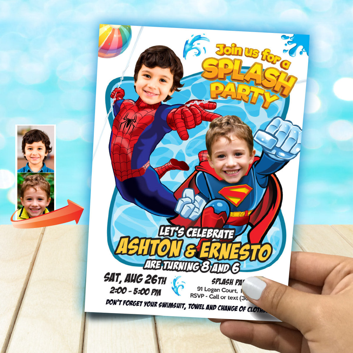 Superman and Spiderman Splash Pad Party Invitation with children as the stars. 2485