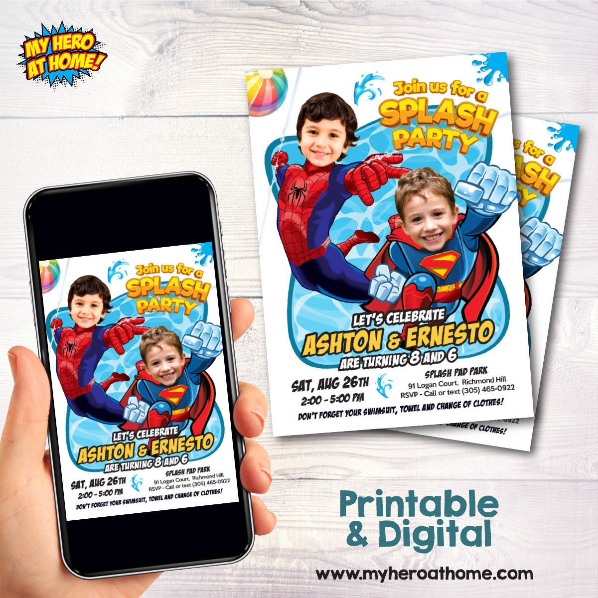 Superman and Spiderman Splash Pad Party Invitation with children as the stars. 2485