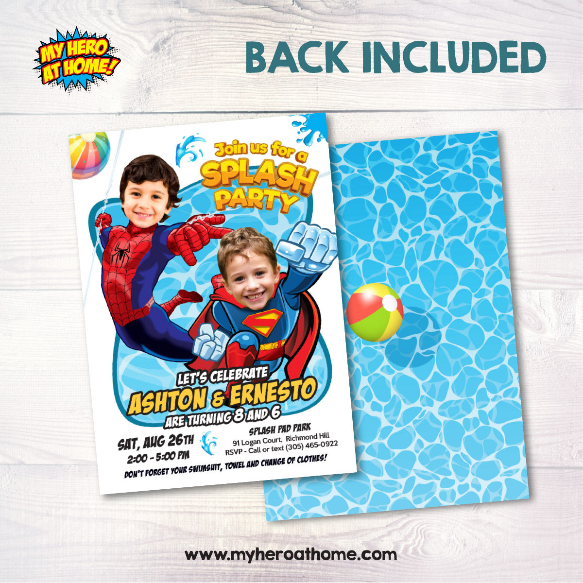 Superman and Spiderman Splash Pad Party Invitation with children as the stars. 2485