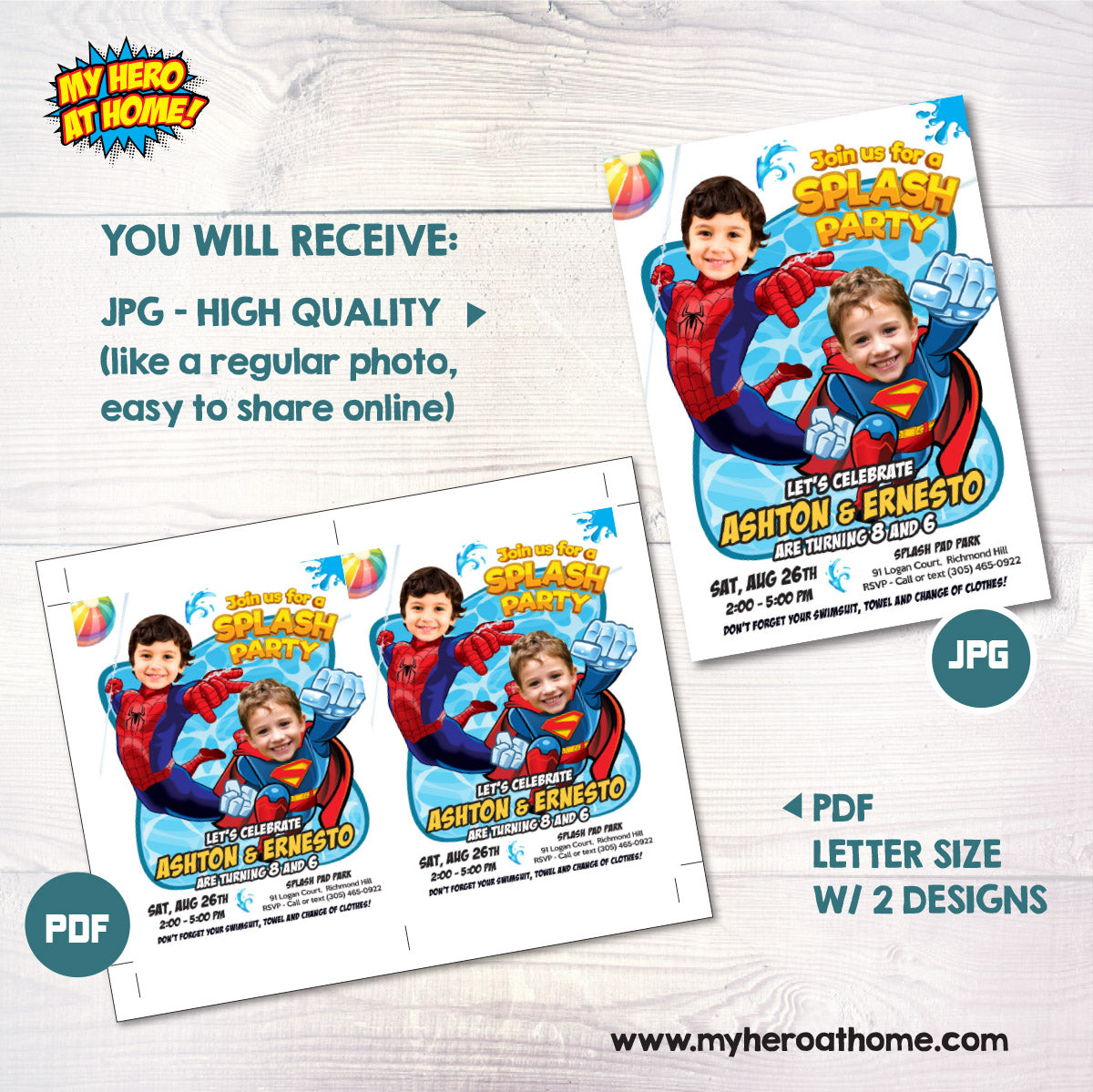 Superman and Spiderman Splash Pad Party Invitation with children as the stars. 2485