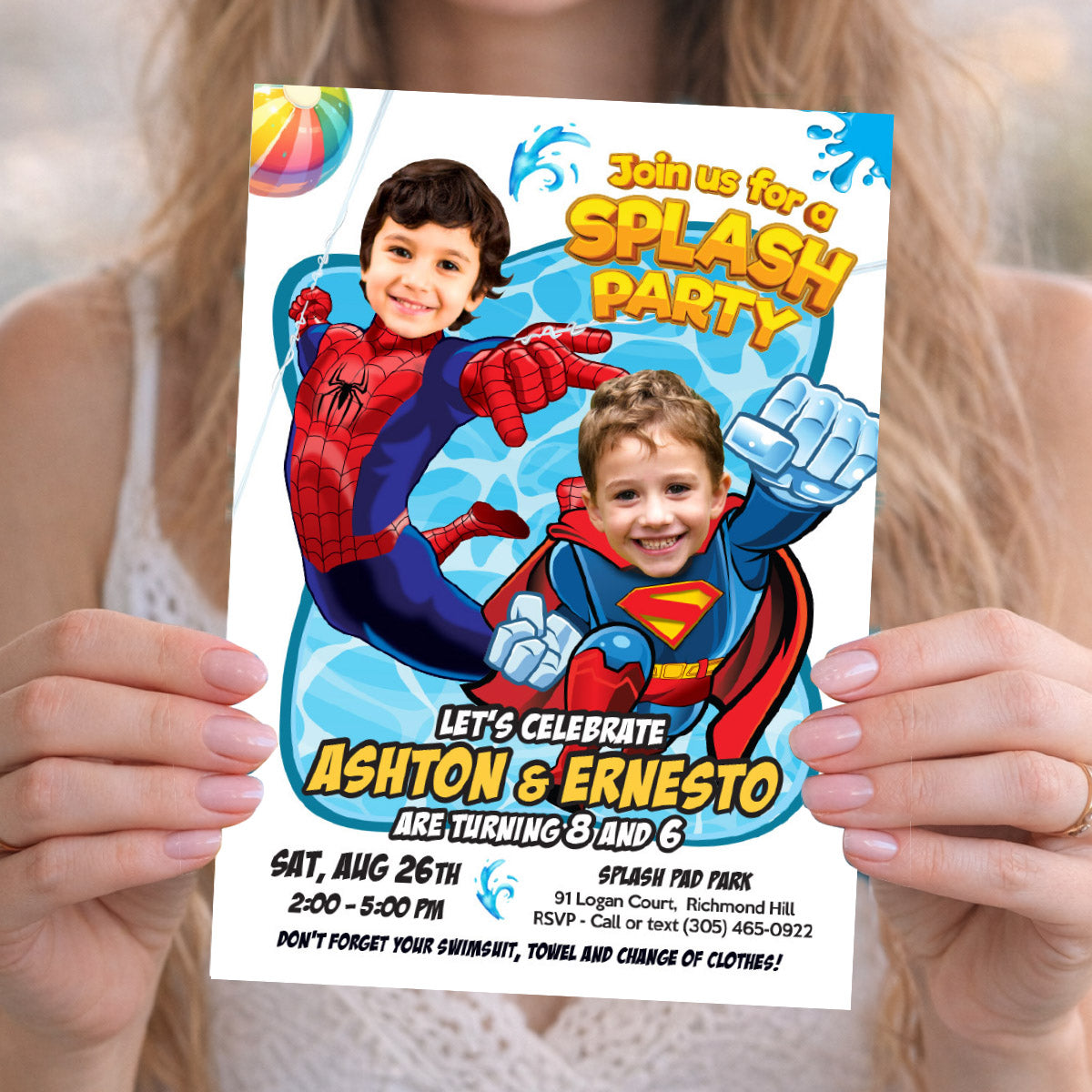 Superman and Spiderman Splash Pad Party Invitation with children as the stars. 2485