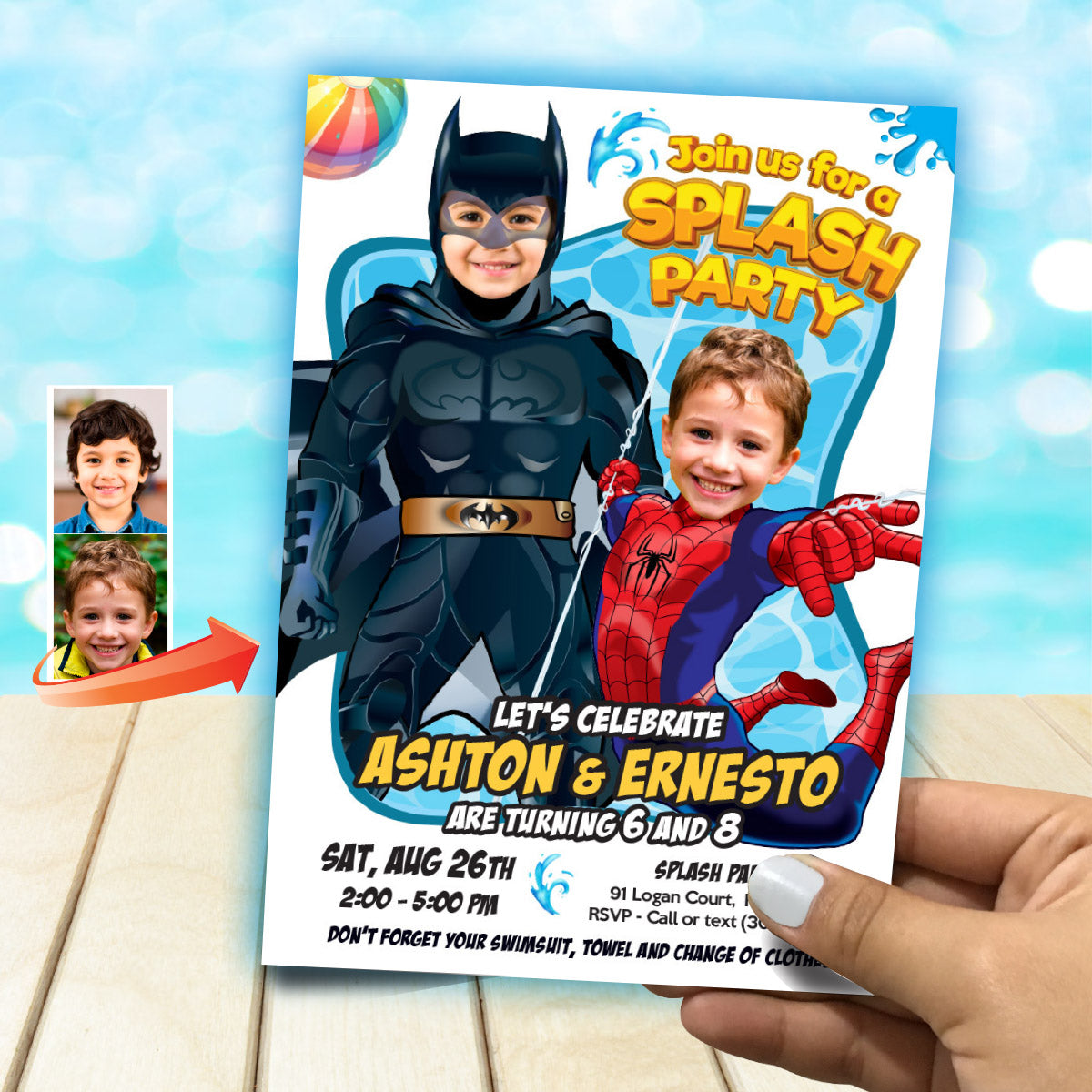 Joint Batman and Spiderman Pool Splash Birthday Party Invitation with Kids as the stars. 2486