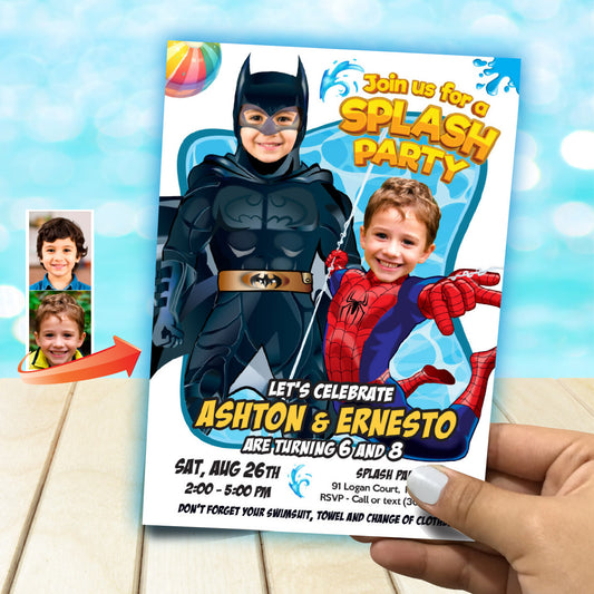 Joint Batman and Spiderman Pool Splash Birthday Party Invitation with Kids as the stars. 2486