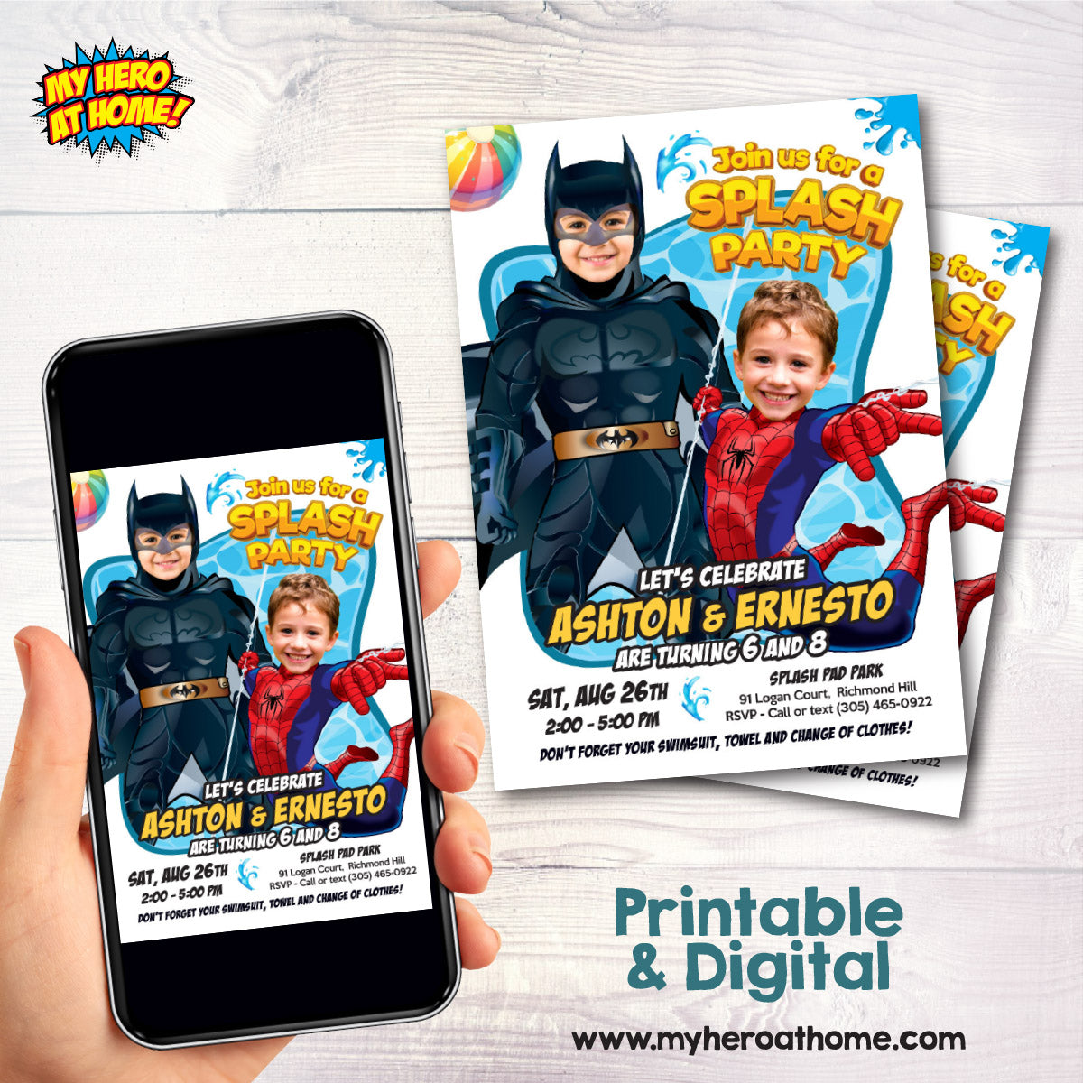 Joint Batman and Spiderman Pool Splash Birthday Party Invitation with Kids as the stars. 2486